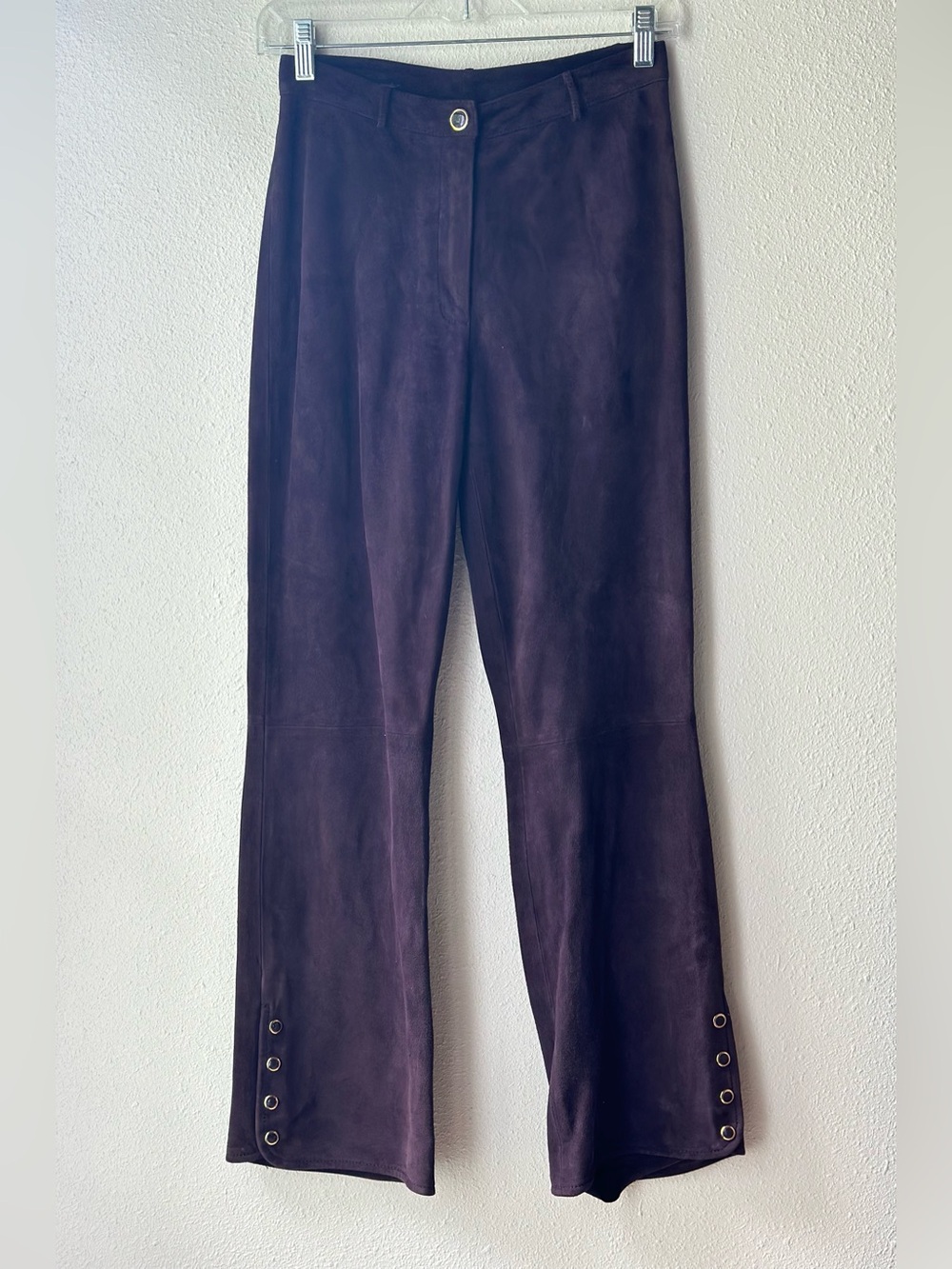 St John Collection Marie Gray Purple Suede Pants Womens Sz 0 Silk Lined Flared